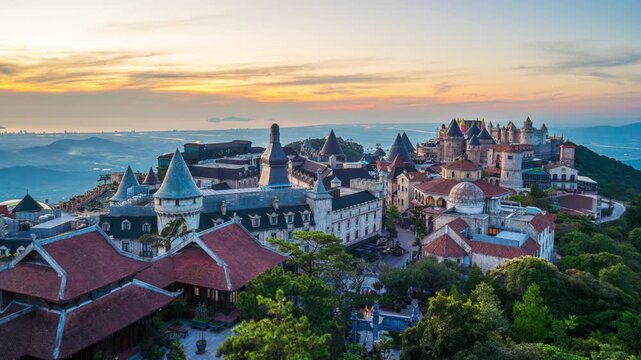 Time lapse of French village at bana hills at sunrise, Da nang, Vietnam.