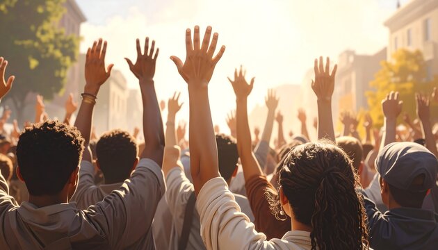 Crowd raises arms toward sunlight in urban setting, suggesting unity or celebration. A diverse group, silhouetted against a bright, warm backdrop