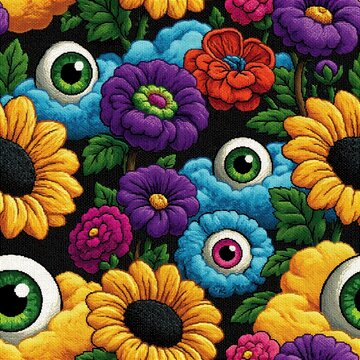 Vibrant surreal floral composition with watchful eyes peeking from colorful cloud like blooms
