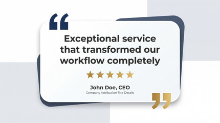 Fototapeta premium Customer testimonial template with five star rating for business reviews. Professional CEO quote mockup for feedback, corporate attribution details, service workflow transformation, and social media.