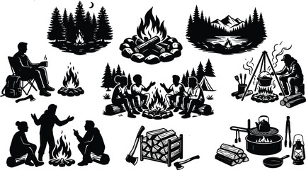 Fototapeta premium Camping and Campfire Silhouette Bundle Collection with Outdoor Adventure Scenes Forest Cooking and Family Gathering Vector Set