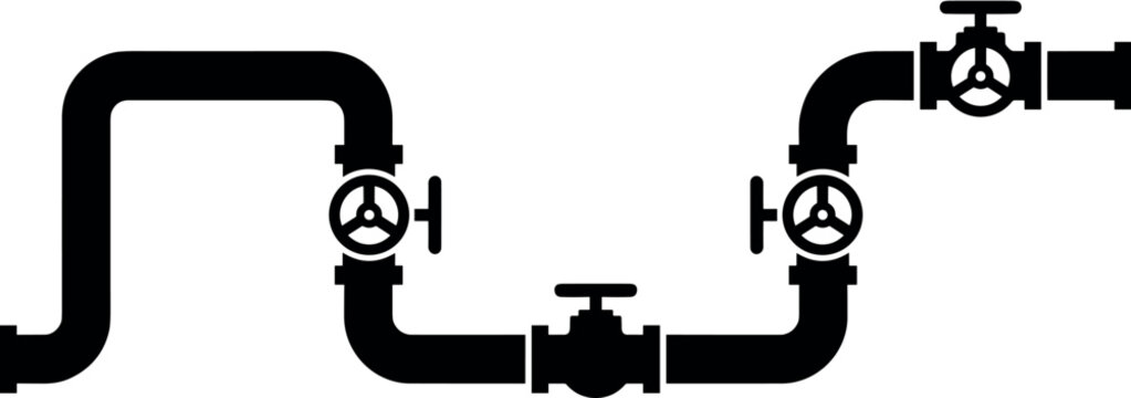 Industrial pipeline system black silhouette icon vector illustration featuring curved water pipes joints and valve wheel mechanisms.