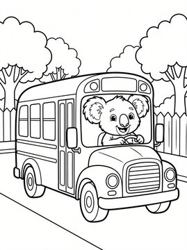 Coloring page, cheerful koala driving a classic school bus.
