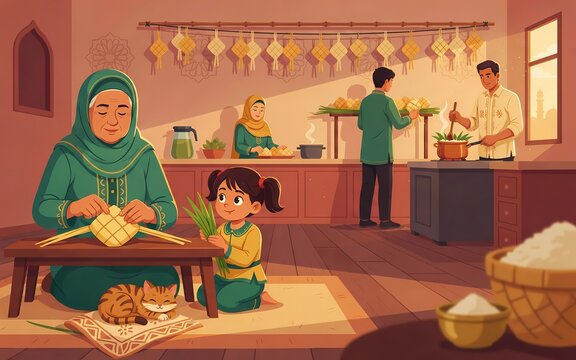 Family Preparing Ketupat for Eid Celebration Illustration, shot in a documentary photojournalism sty