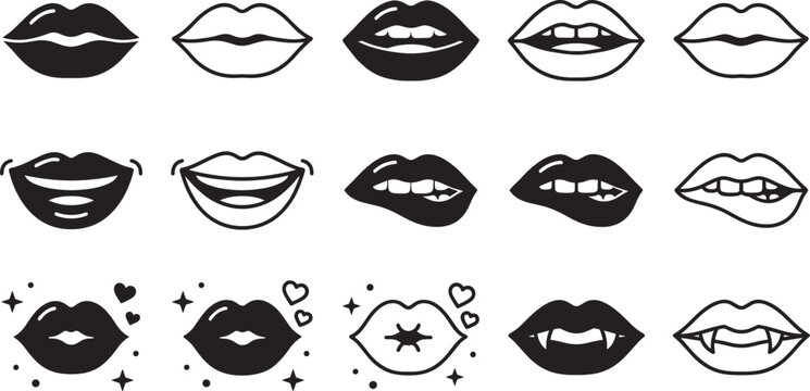 Beautiful Lips Expression Icon Set with Smile, Biting Lip, Kissing Mouth, and Vampire Fangs Symbols for Makeup and Cosmetics Graphic Designs