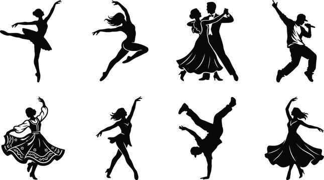 Dance styles silhouette vector icon set featuring ballet dancer ballroom couple hip hop breakdancer folk and contemporary dancing in image_590d9b.png