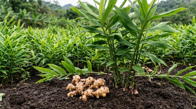Fresh ginger root harvested in ginger field. Raw ginger rhizome cluster on soil bed under green ginger plant in agricultural plantation, 3D rendering illustration