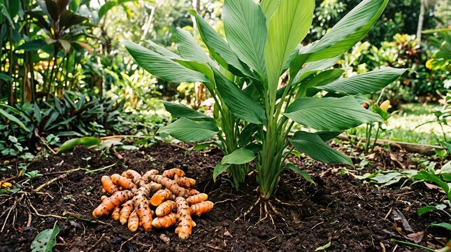 Fresh turmeric root harvested from garden. Turmeric rhizome cluster on soil ground beside green turmeric plant, 3D rendering illustration