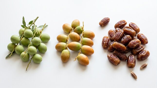 Three stages of date palm fruit ripening. Flat lay top view of raw green, semi-ripe yellow, and fully ripe brown dates with date seeds isolated on white background