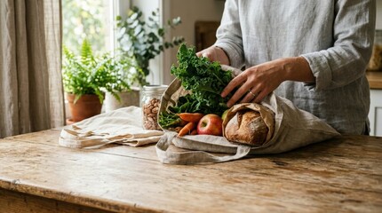 Obraz premium Person unpacking groceries into a plain reusable shopping bag on rustic kitchen table