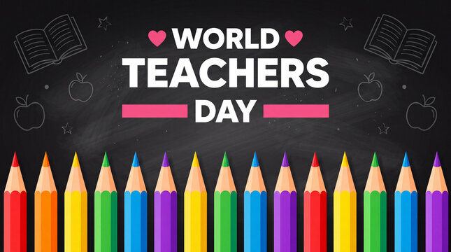Festive banner for World Teachers Day featuring colorful pencils, illustrated books, and apples on a classic school blackboard background.