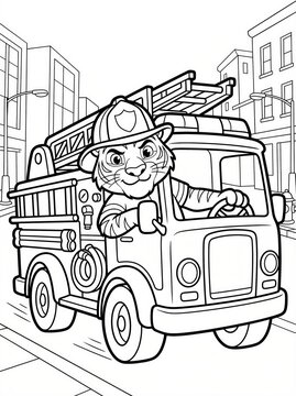 Coloring page, brave tiger driving a large fire truck.