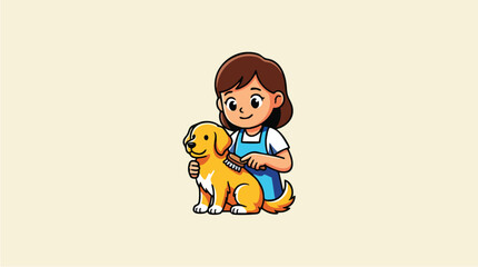 Young girl brushing her cute puppy