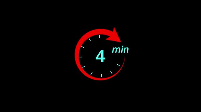 Four minute countdown timer with dynamic red circular progress arrow and minimalist digital clock interface for presentations, broadcast transitions, and time management projects