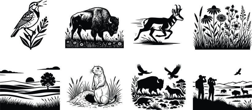 Prairie wildlife and nature vector illustration set featuring bison, meadowlark, pronghorn, prairie dog, and scenic landscape designs