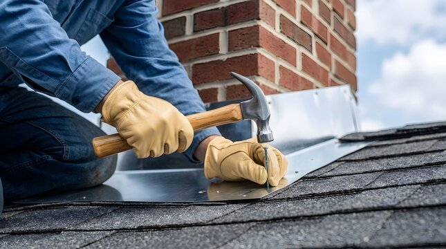 Roofer installing metal flashing on asphalt shingles near chimney.