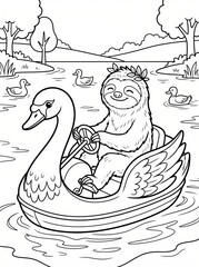 Fototapeta premium Coloring page, relaxed sloth pedaling a swan paddleboat.