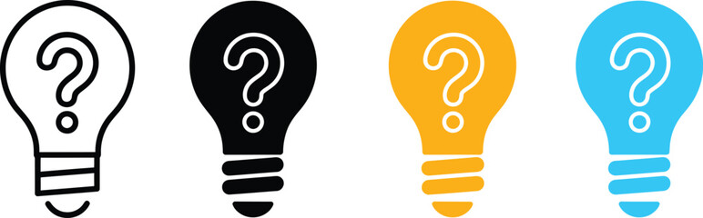 Light bulb question mark icon set with idea innovation symbols, brainstorming concepts, creative thinking, knowledge discovery, problem solving, and flat UI graphics, vector, designs © Vector Creator