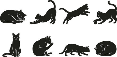 Fototapeta premium Set of black cat silhouettes in various poses including sleeping, stretching, jumping, playing, sitting, grooming, and stalking isolated on white background