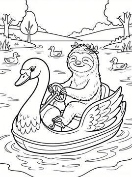Coloring page, relaxed sloth pedaling a swan paddleboat.