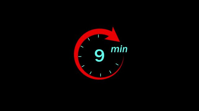 Animated nine minute countdown timer with red circular progress indicator arrow, digital clock style interface for presentations, broadcast overlays, and time management projects on black background