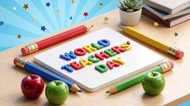 A creative 3D render celebrating World Teachers Day with colorful pencils, fresh apples, and a note on a wooden desk with a blue star background.