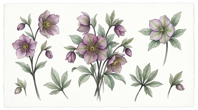 Watercolor Hellebore Flowers Collection, Delicate Botanical Illustrations for Spring Decor, Vintage Floral Elements, Romantic Garden Art isolated on White Background
