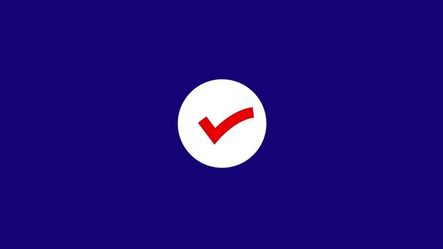 Minimalist red checkmark animated on a solid deep blue background, digital ui success confirmation, task completion, approval notifications, and web