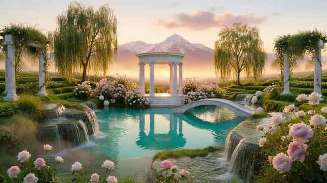 Fantasy Garden Paradise with Classical Rotunda and Cascading Waterfalls in a Peaceful Scenic Valley