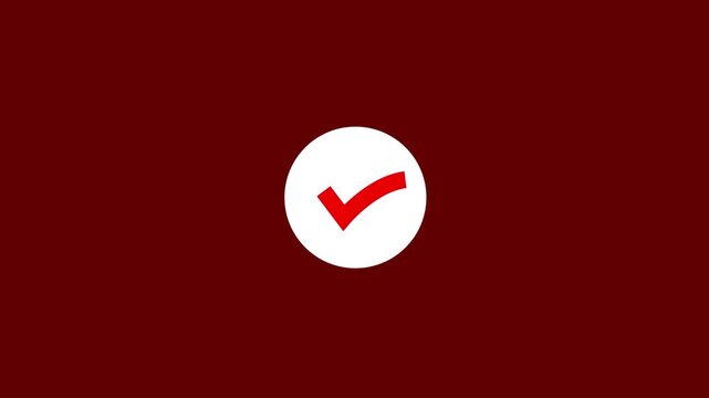 Minimalist red checkmark animation on a deep maroon background, representing success, approval, task completion, correct choices, user interface and positive feedback loops