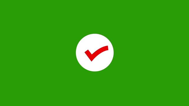 Animated red checkmark inside a white circle on a vibrant green screen background, user interface task completion notifications, success confirmation, and digital feedback