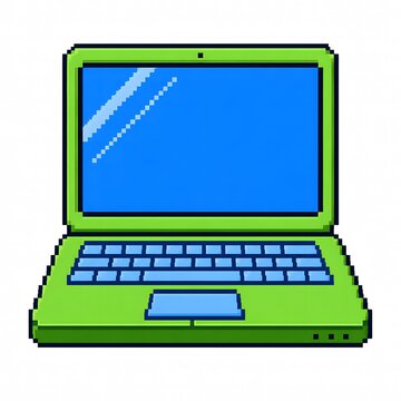 Green laptop computer pixel art illustration isolated on white background, Generative AI