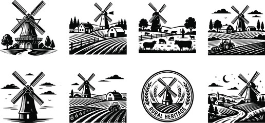 Vintage rural landscapes and windmill illustrations set featuring farmland fields livestock tractor barn and traditional retro heritage emblem © MdSagor