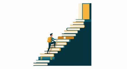 Obraz premium Student Climbing a Staircase of Books Towards a Bright Doorway Representing Success, Education, Knowledge, and Personal Career Growth Concept