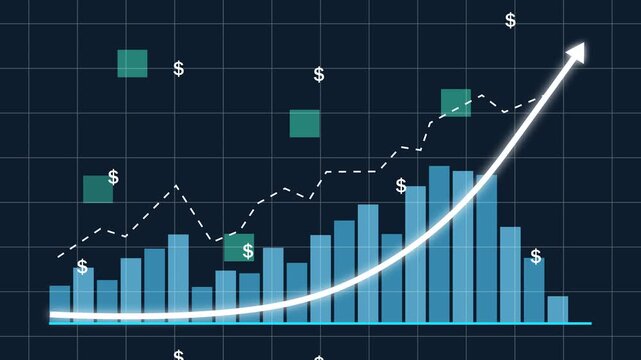 Dynamic financial growth chart animation featuring rising bar graphs and upward trending arrows with floating dollar signs for corporate business presentations, economic analysis, and investment