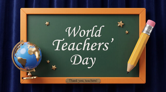 A 3D render celebrating World Teachers' Day featuring a chalkboard, a globe, and a pencil against a blue curtain backdrop, perfect for educational themes.