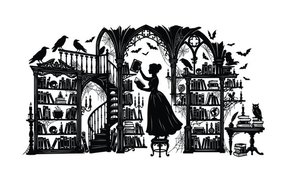 A woman reading in a gothic themed library with bats and crows on a spooky night