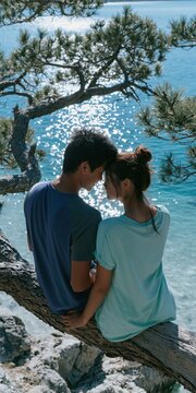 Young couple sitting on a coastal pine branch with foreheads touching above shimmering sea for romantic wallpaper and background design for lifestyle use