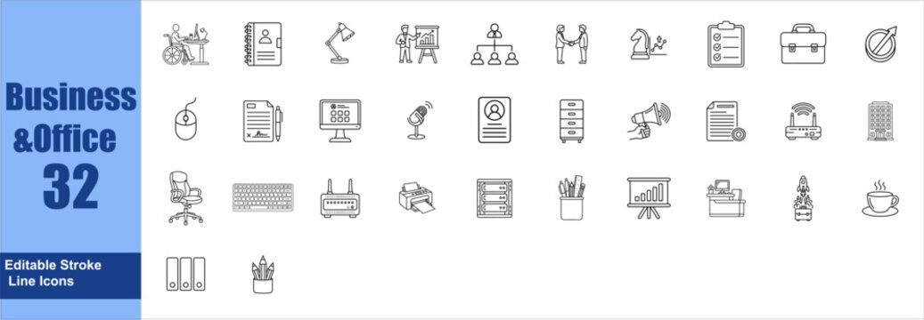 Business and office line icons set, 32 editable stroke vector symbols for corporate workflow, professional workplace stationery and equipment graphics