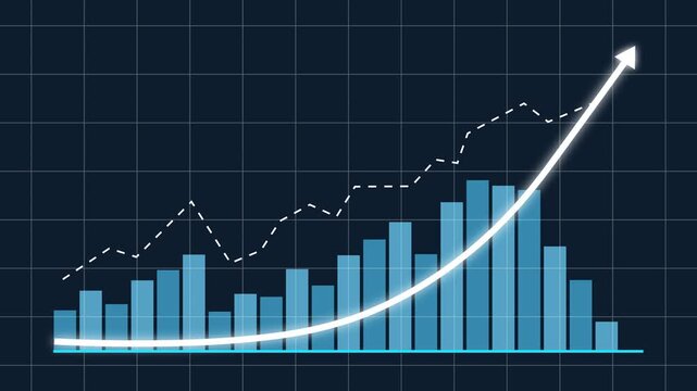 Dynamic financial growth bar chart animation featuring a glowing rising arrow trend line on a dark grid background, corporate business presentations, economic analysis, and market data reports