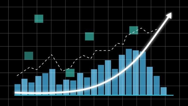 Dynamic financial growth bar chart animation with rising trend line and glowing success arrow for corporate business presentations, stock market analysis, economic forecasting, and data visualization