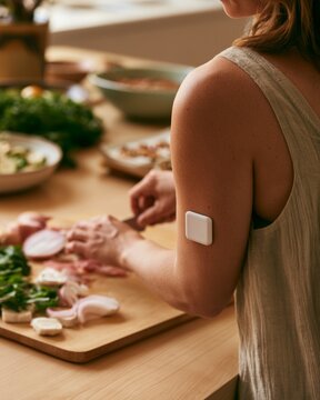 Woman with glucose monitor patch on arm preparing fresh ingredients on wooden cutting board