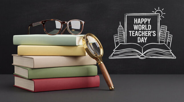 A stack of colorful books with glasses and a magnifying glass on a desk in front of a chalkboard featuring a chalk drawing for World Teachers Day.