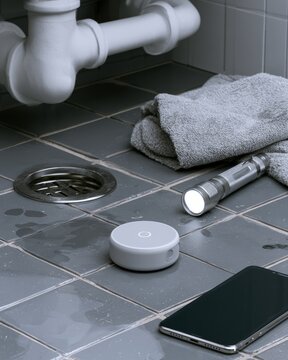 Puck-shaped leak sensor on wet tile floor near bathroom drain with flashlight and phone