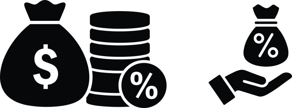 Black money bag and coin stack vector icon set with percentage sign, loan investment, financial return, and savings concept