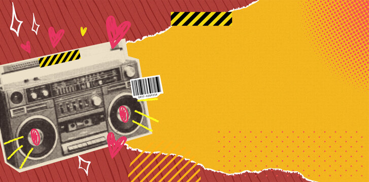 Retro Boombox Collage Banner Template with Copy Space &mdash; Grunge Punk Music Design
