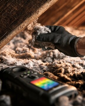 Gloved Hand Lifting Attic Insulation Near Joist During Home Energy Audit