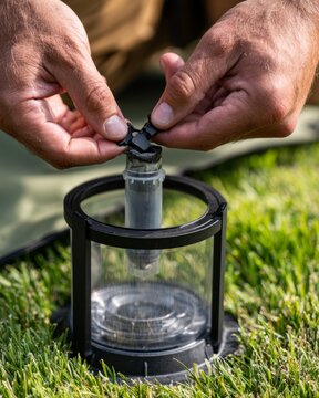Hands Unclipping Small Sealed Mosquito Trap Cartridge on Grass