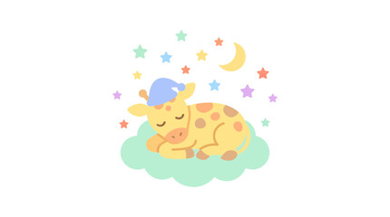 Fototapeta premium Cute Baby Giraffe Sleeping Peacefully on Cloud with Stars