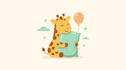 Naklejka premium Happy Baby Giraffe Holding Balloon and Pillow